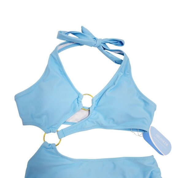 One-Shoulder Cutout Sky Blue Bikini Set Gold Ring Womens Swimwear Size S - Picture 4 of 7